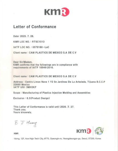IATF 16949 Letter of Conformance